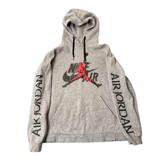 Nike Air Jordan Gray Pullover Hoodie With Kangaroo Pocket & Black/Red Logo Print - Picture 1 of 7